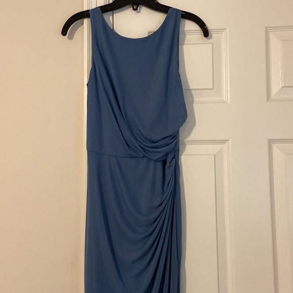 Steel Blue David’s Bridal High-Neck Ruched Mesh Bridesmaid Dress - Picture 5 of 16